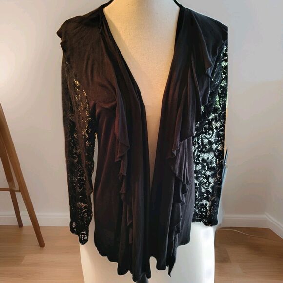 RXB Open Sweater Size L Black Crochet Sleeves/Back 100% Rayon - Picture 1 of 10